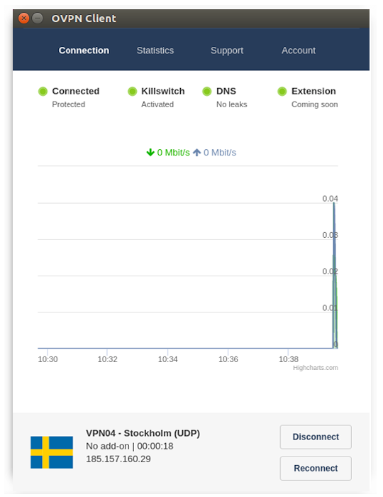 Anslutningsfliken OVPNs klient