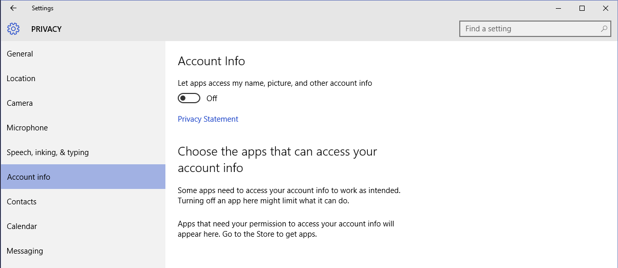 Windows 10 – Disable the sharing of account info to apps