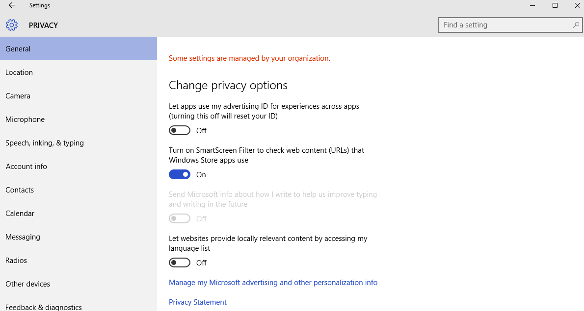 Windows 10 – Change privacy options