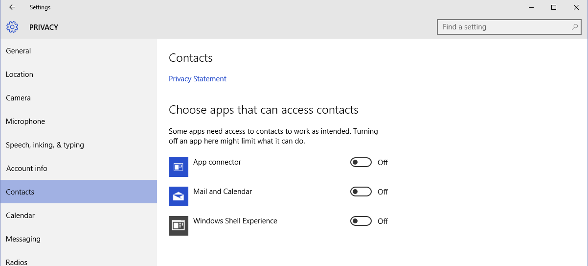 Windows 10 - inaktivera delning av kontakter till appar