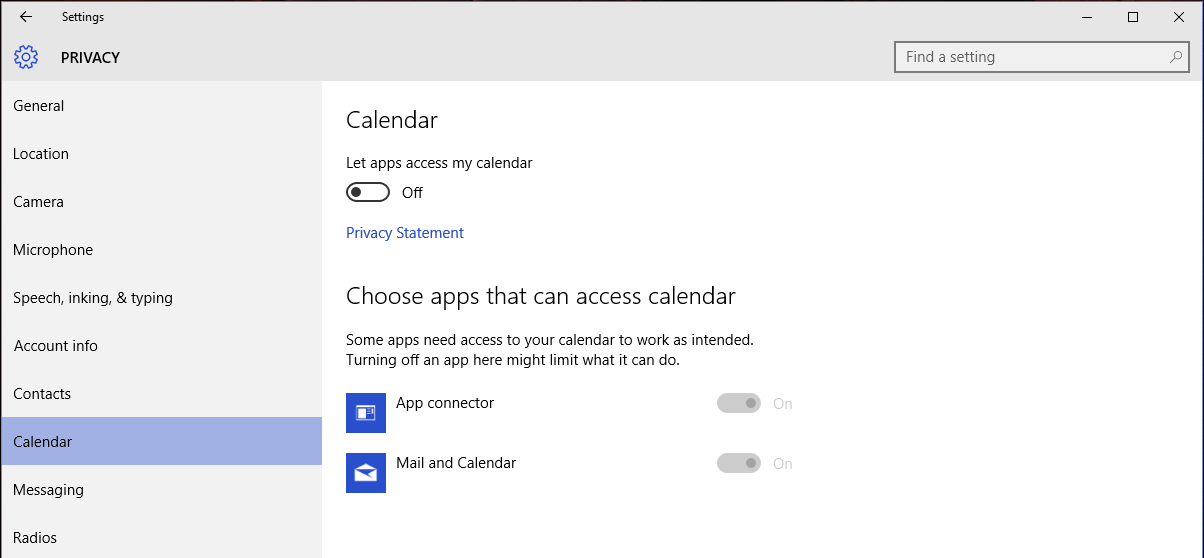 Windows 10 - inaktivera delning av kalender till appar