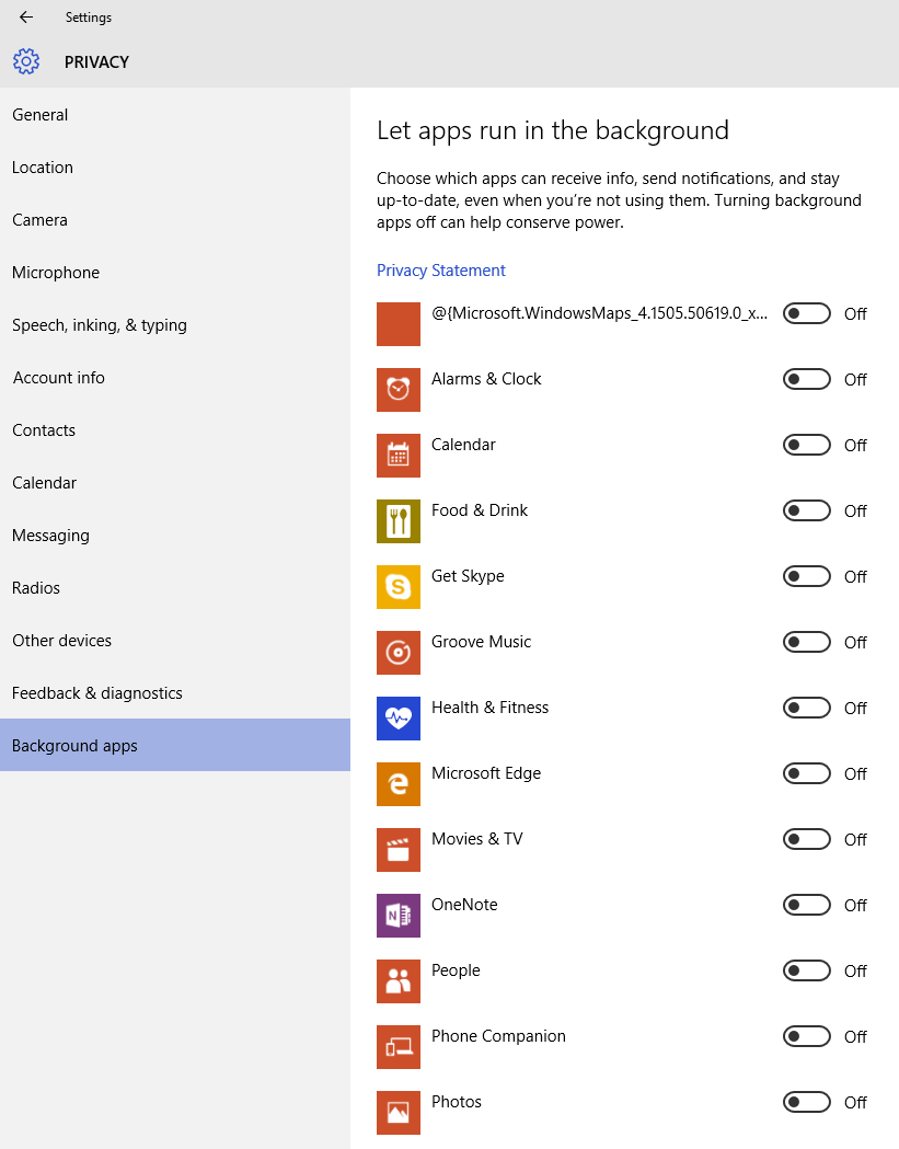 Windows 10 – Disable background apps