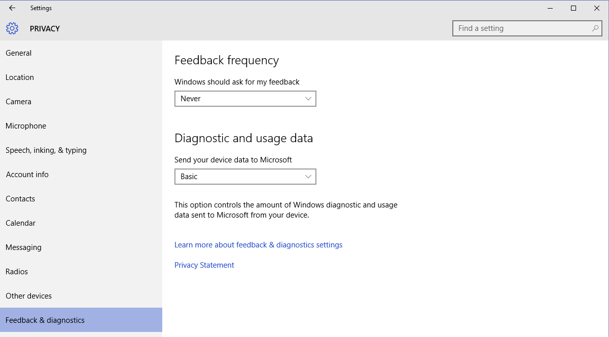 Windows 10 - inaktivera fråga om feedback